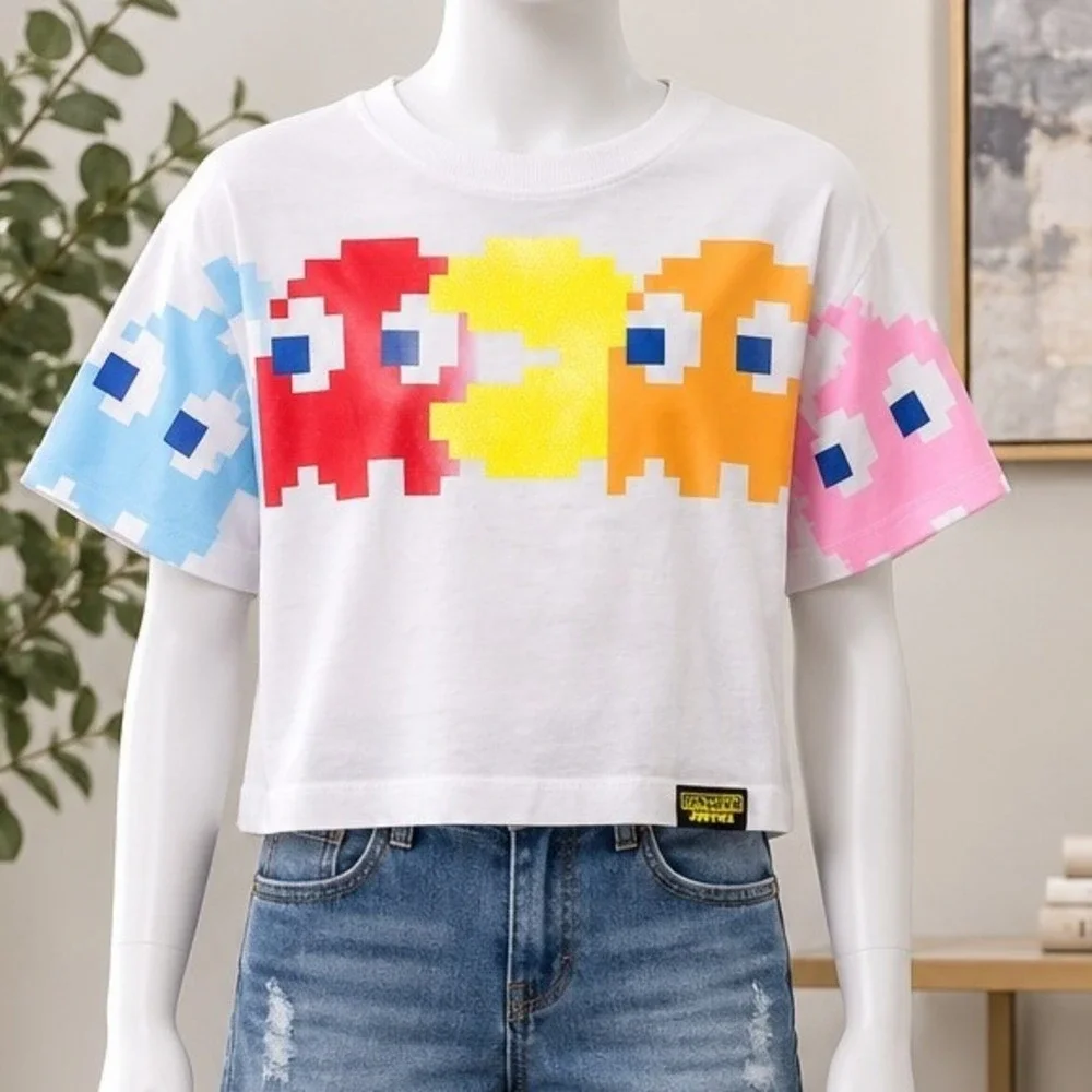 Justice Girls Pac-Man Cropped Graphic Tee White Retro Pixel Ghosts Size L 12 14